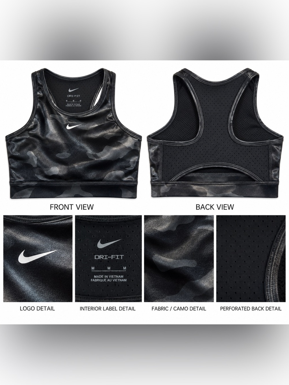 Nike Dri-FIT Women’s Medium Black Camo Sports Bra Racerback Mesh Cutout